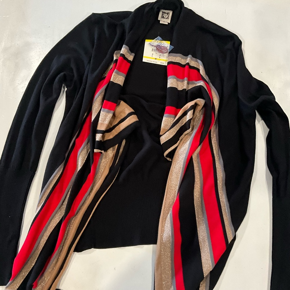 Anne Klein Black Cardigan with Red and Gold Stripes